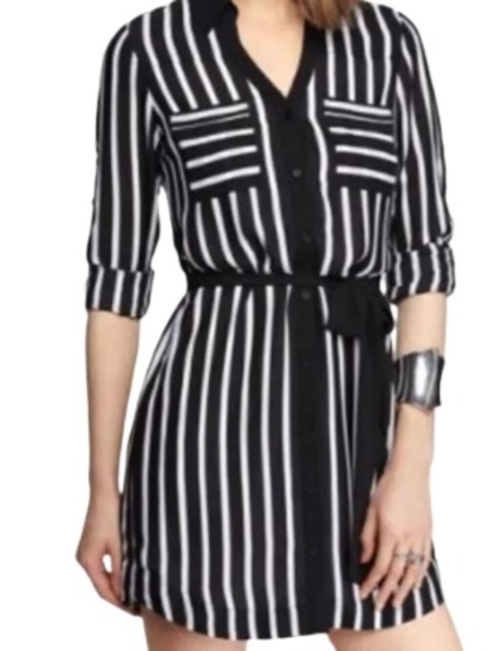 Express Womens The Portofino Shirt Dress In Black White Stripe M
